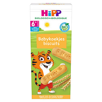 Deux boîtes de biscuits pour bébés sont présentées, l'une avec un éléphant et l'autre avec des biscuits en forme d'ours, toutes deux avec la marque "HiPP" et l'indication d'âge "12+ mois".