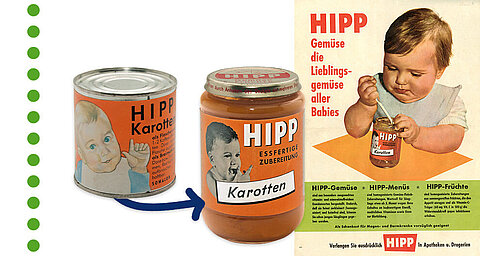 The evolution of baby food packaging, from the old tin to the modern glass jar, focusing on a product called ‘HIPP Carrots’ and an accompanying vintage advert showing a baby eating.