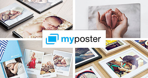 Een collage van verschillende foto's, waaronder baby's, natuur en het dagelijks leven, gepresenteerd met het myposter-logo in het midden.
