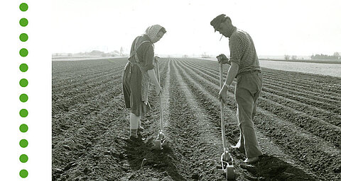 Two people are working on a ploughed field.