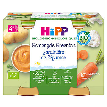 Trois paquets d'aliments pour bébés Hipp avec différentes combinaisons de légumes sont présentés.