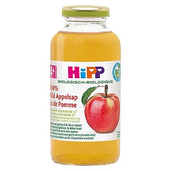 Il y a deux bouteilles de jus, l'une contenant du jus de pomme et l'autre du jus de banane.