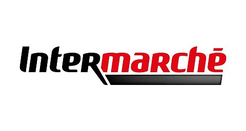 Tekst "Intermarché" in vette, zwarte en rode letters.