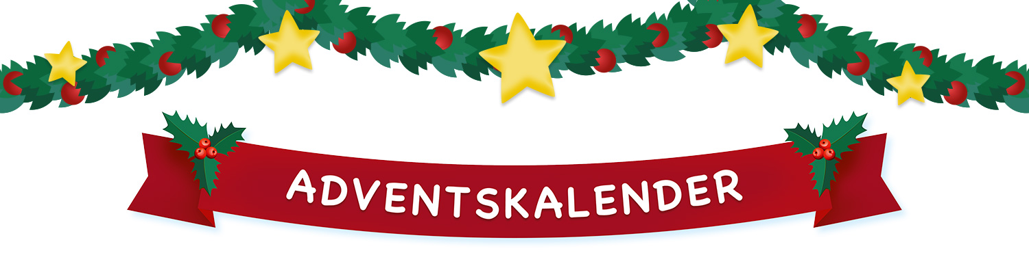 Adventskalender met groene slinger, rood lint en gele sterren, vergezeld van een feestelijke groet.