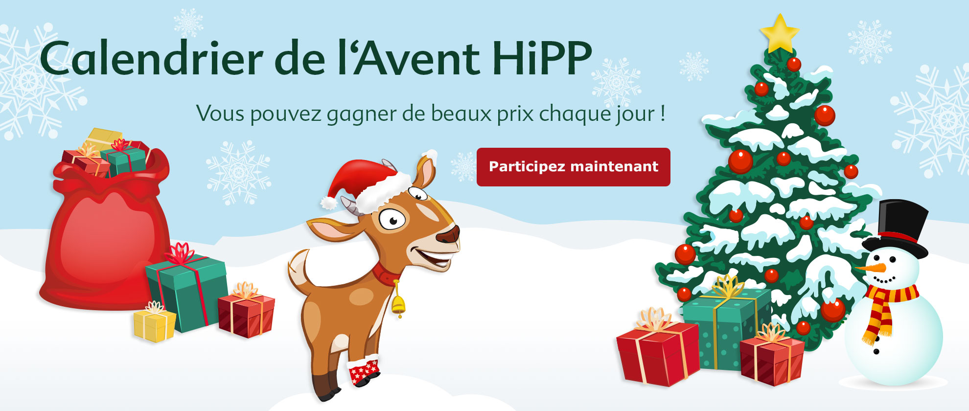 Calendrier de l'Avent HiPP - Un calendrier numérique festif avec un prix spécial chaque jour, mettant en scène un renne heureux, un bonhomme de neige et un arbre de Noël décoré de cadeaux colorés.