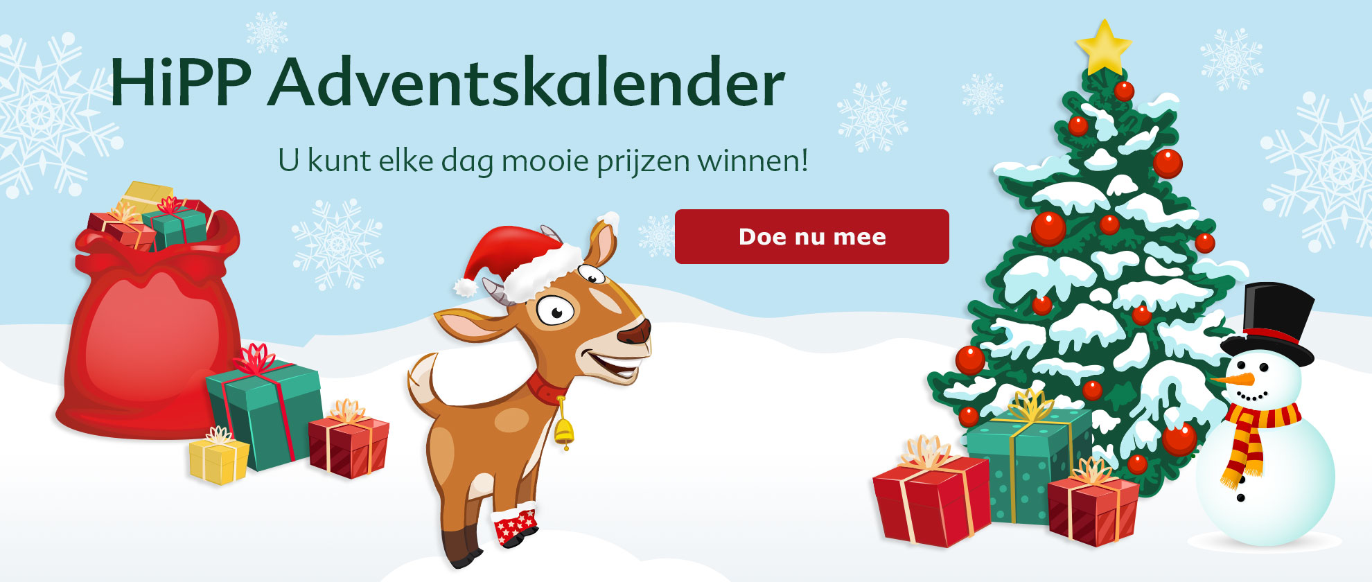 Adventskalender: Een feestelijke digitale kalender met dagelijkse prijzen met een vrolijk rendier, een sneeuwpop en een kerstboom versierd met cadeaus en versieringen.