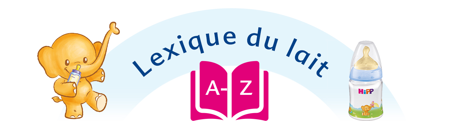 Un mignon petit éléphant avec un biberon à côté d'un livre avec les lettres "A-Z" et la phrase française "Lexique du lait" sur un fond bleu clair.