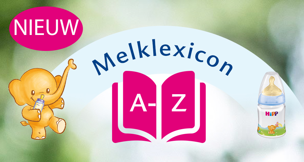 Een cartoonolifant met een zuigfles, een groot roze boek met de tekst "Melklexicon A-Z" en een zuigfles met het label "HiPP".