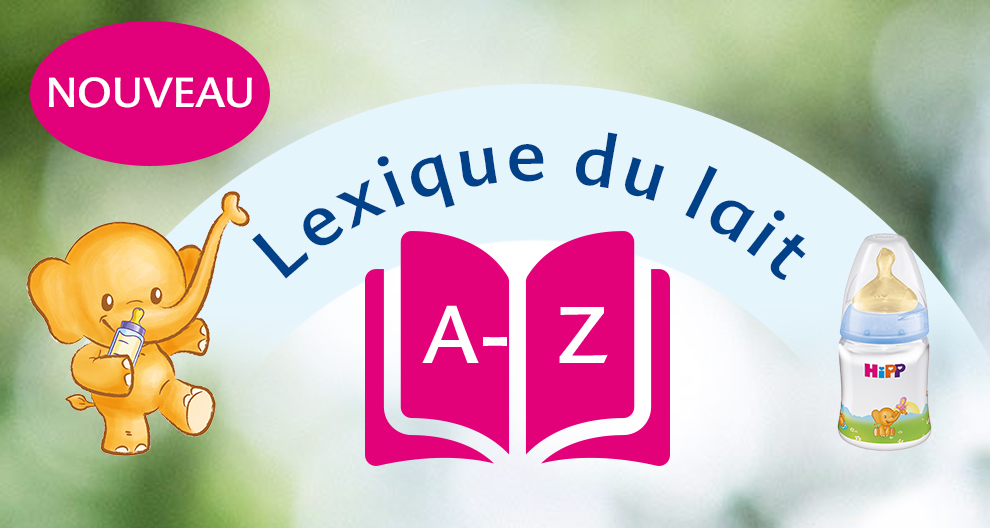 Un mignon petit éléphant avec un biberon se tient à côté d'un livre avec les mots français "Lexique du lait" et l'anglais "A-Z", avec un biberon à droite.