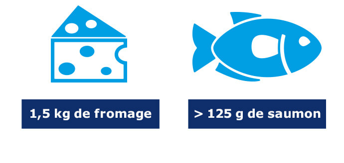 Quatre icônes bleues avec un texte en dessous indiquant les quantités de différents aliments.