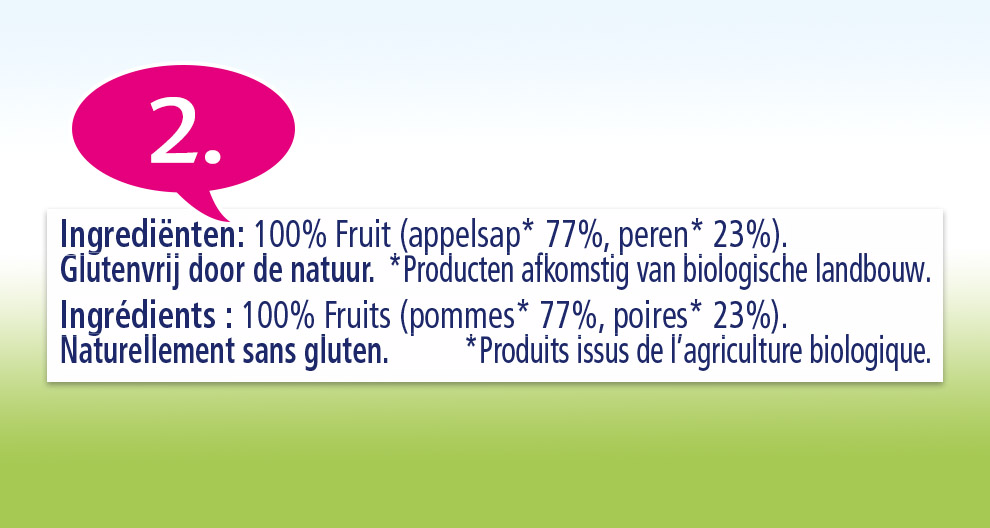 Een close-up van een etiket met tekst in het Nederlands en Frans, waarop staat dat het product 100% fruit bevat en glutenvrij is.