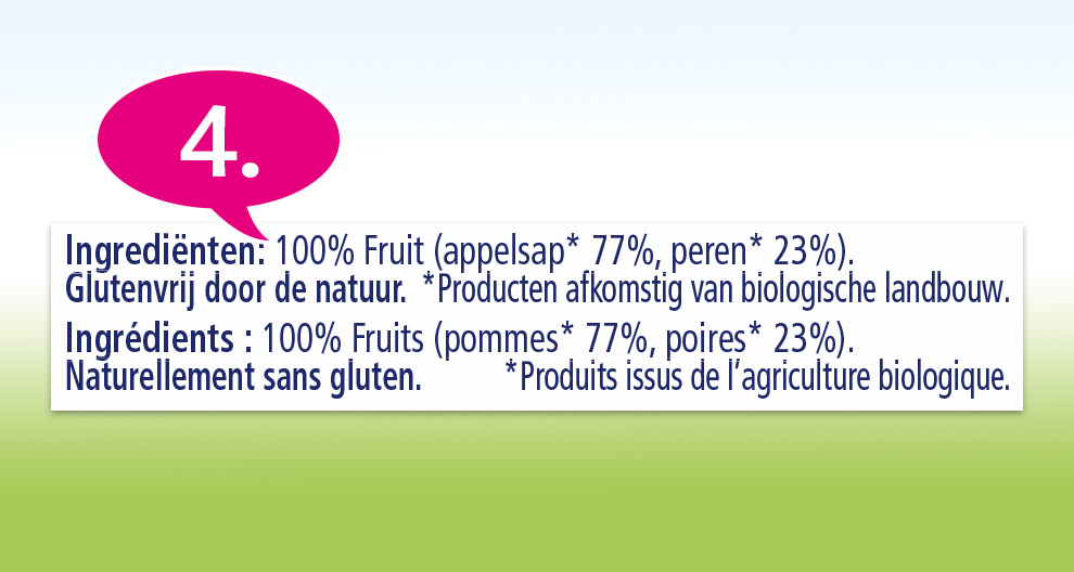 Twee ingrediëntenlijsten voor een product, met de nadruk op het feit dat het 100% fruit bevat en glutenvrij is.