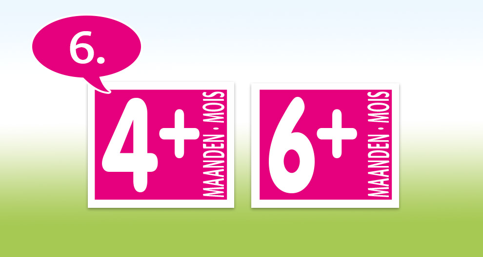 Twee roze borden met witte randen en cijfers, het ene met "4+ Maanden" en het andere met "6+ Maanden", vergezeld van een rode tekstballon met het cijfer "6".