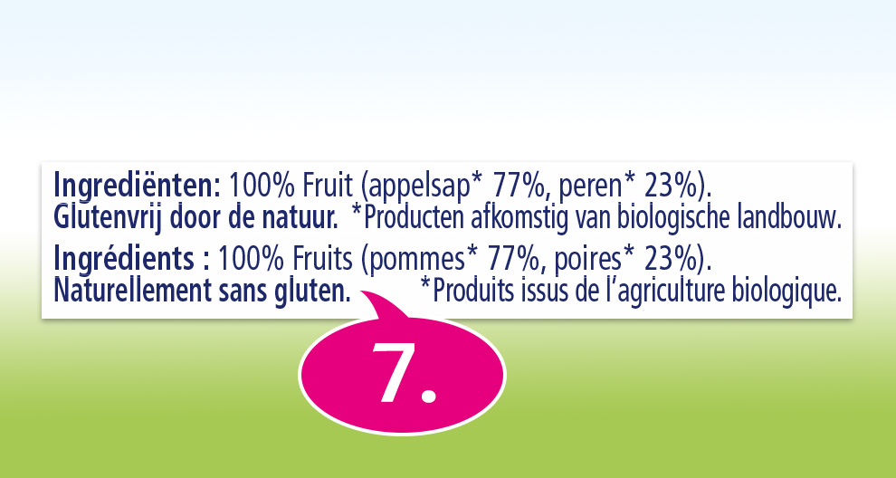 Een close-up van een etiket van een voedingsproduct met tekst in het Nederlands en Frans, waarbij de ingrediënten worden benadrukt als 100% fruit en dat het product glutenvrij is.