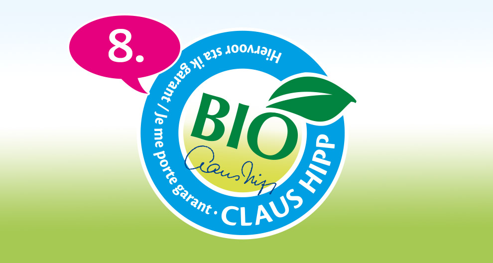 Een cirkelvormig logo met het woord "BIO" in het midden, omringd door een groen blad en de woorden "CLAUS HIPP" en "8." in een tekstballon.