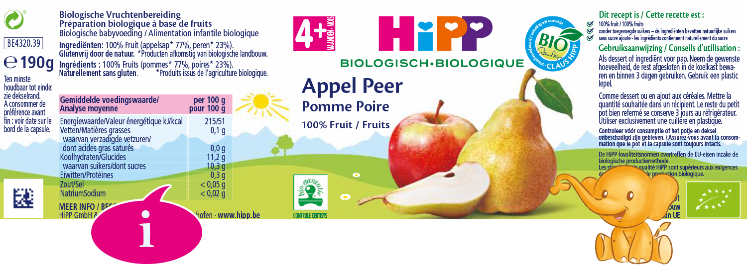 Een productetiket voor een voedingsmiddel op basis van fruit, met name appels en peren, met voedingsinformatie, branding en een cartoonillustratie van een olifant.