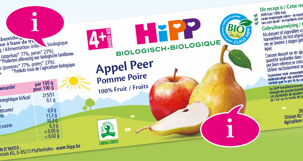 Een productetiket voor een voedingsmiddel met de naam "Appel Peer Pomme Poire", een 100% fruitproduct, met voedingsinformatie en een biocertificaat.