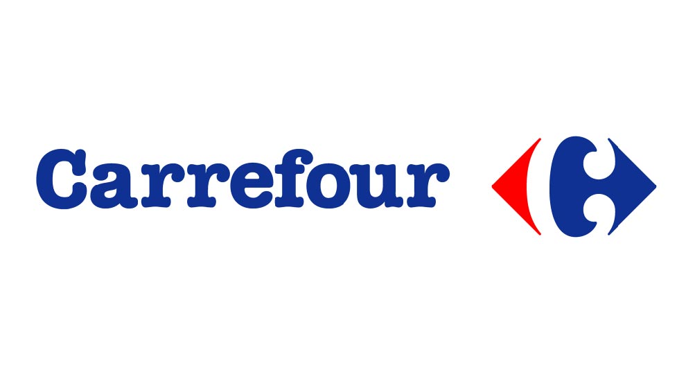 Logo de Carrefour avec des couleurs bleu et rouge.