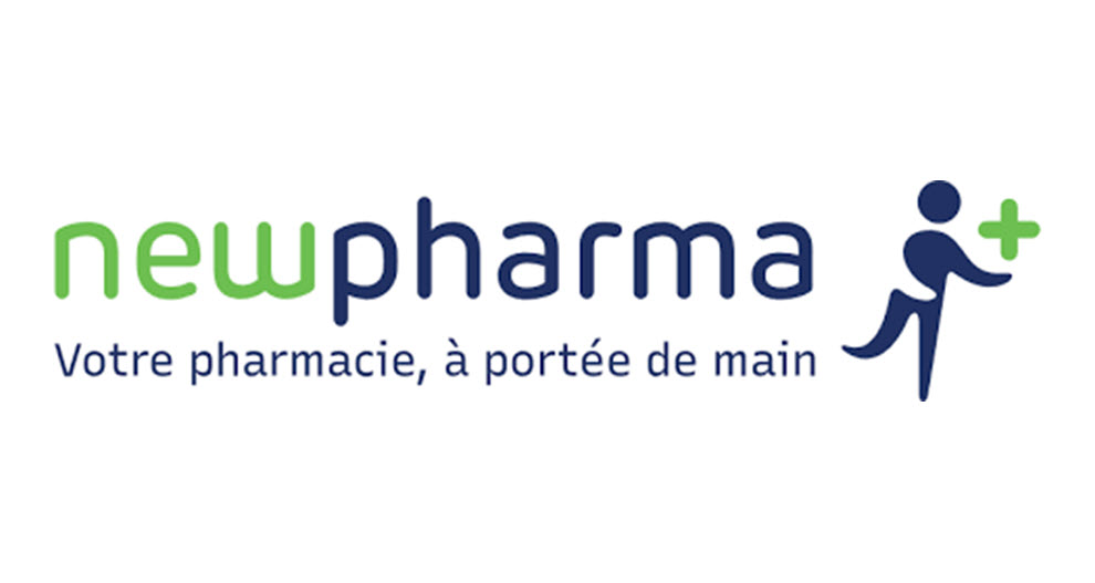 Logo d'une société appelée "newpharma", représentant une figure stylisée tenant une croix, accompagnée de la phrase française "Votre pharmacie, à portée de main".