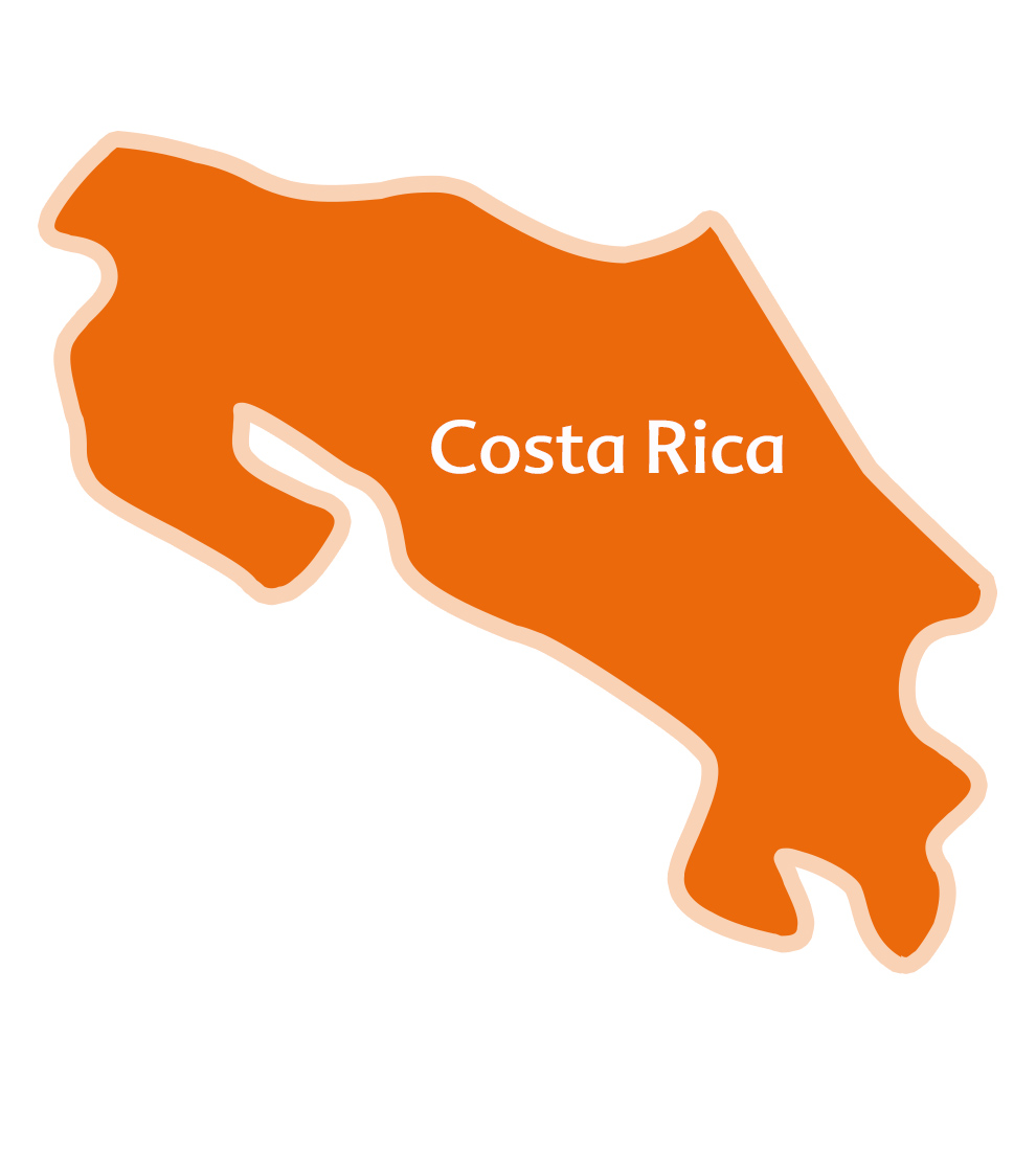 Een vereenvoudigde kaart van Costa Rica met de naam van het land erop gelabeld.