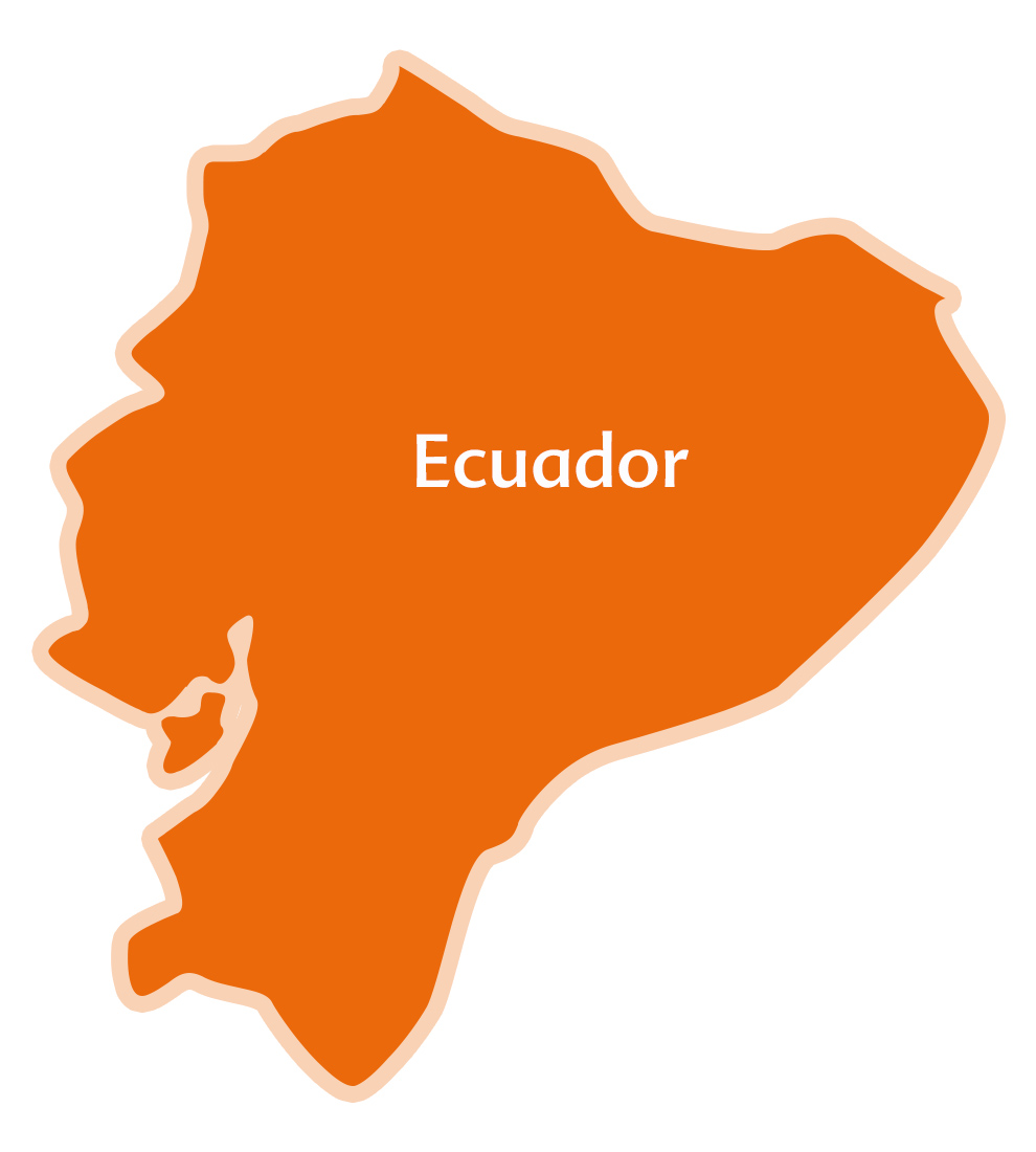 Een vereenvoudigde kaart van Ecuador met de naam van het land erop gelabeld.