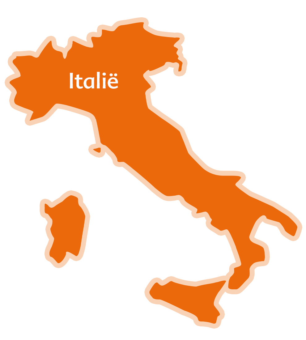Een eenvoudige, gestileerde kaart van Italië met het woord "Italie" erop geschreven.