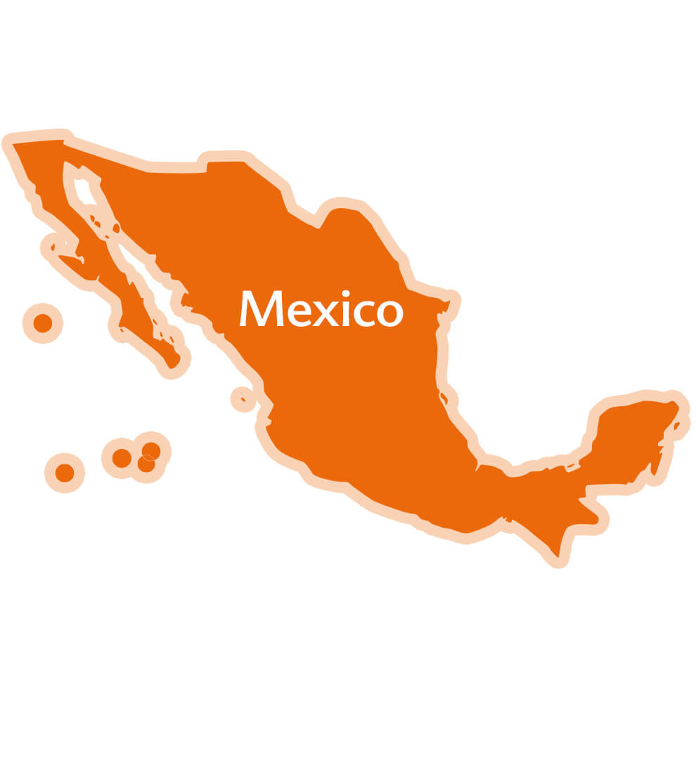 Een eenvoudige kaart van Mexico met de naam van het land prominent in beeld.