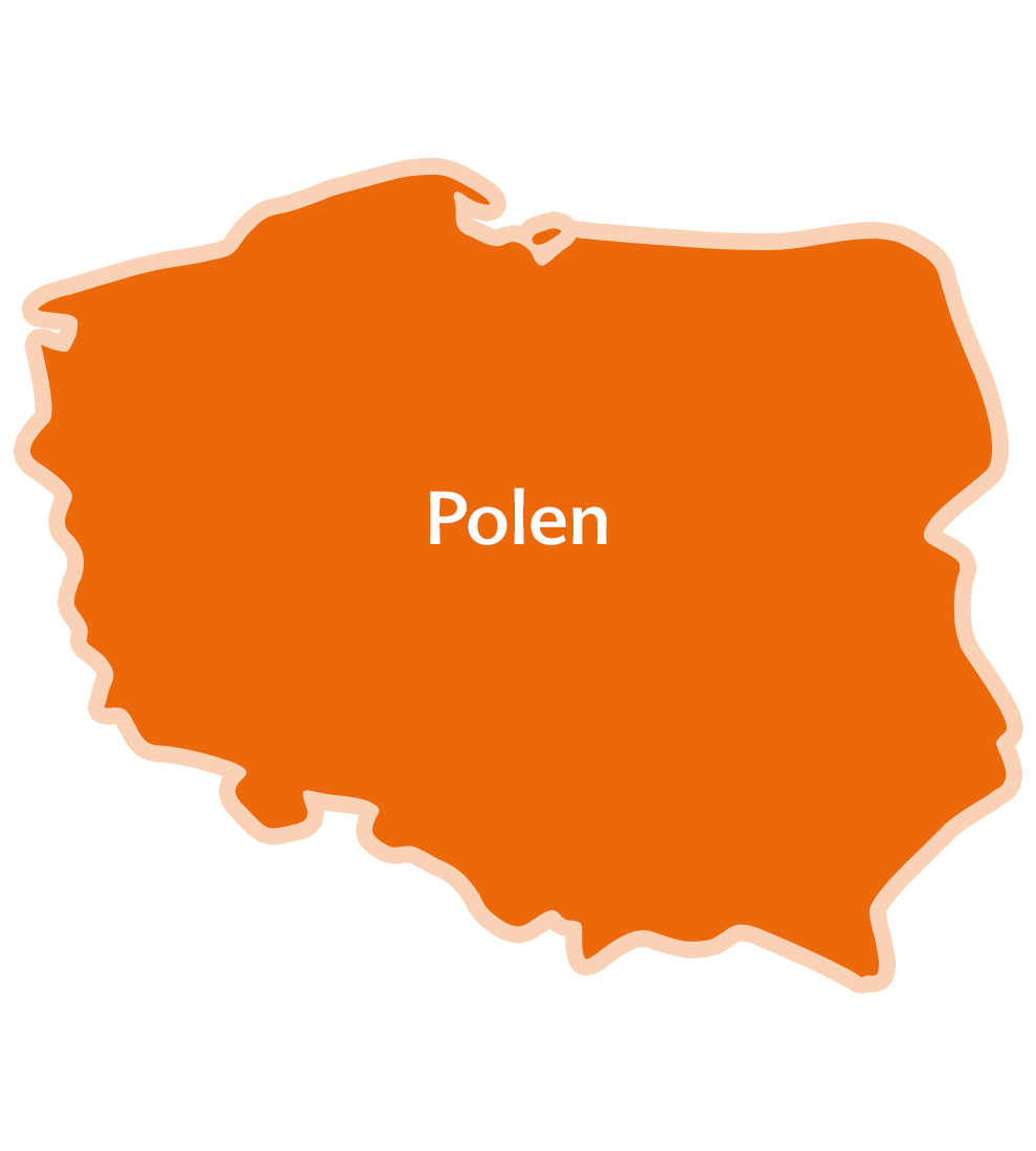 Een vereenvoudigde kaart van Polen met de naam van het land in het midden.