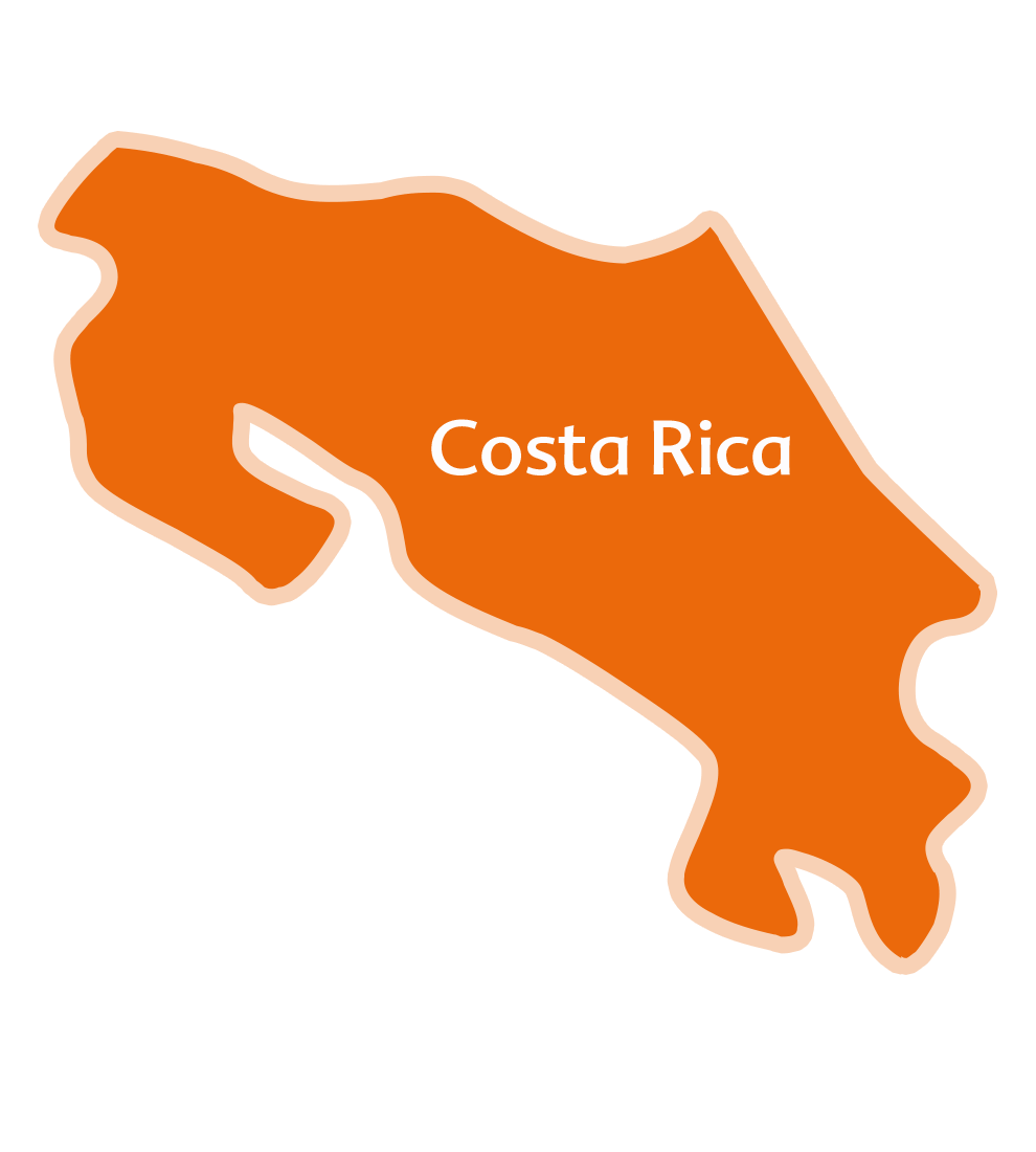 Il s'agit d'une représentation simple et abstraite du Costa Rica, la forme du pays étant soulignée d'une couleur orange frappante sur un fond blanc. Le nom "Costa Rica" est mis en évidence dans la silhouette du pays.