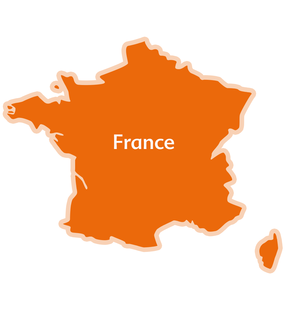 Une silhouette de la carte de France avec le nom du pays au centre.