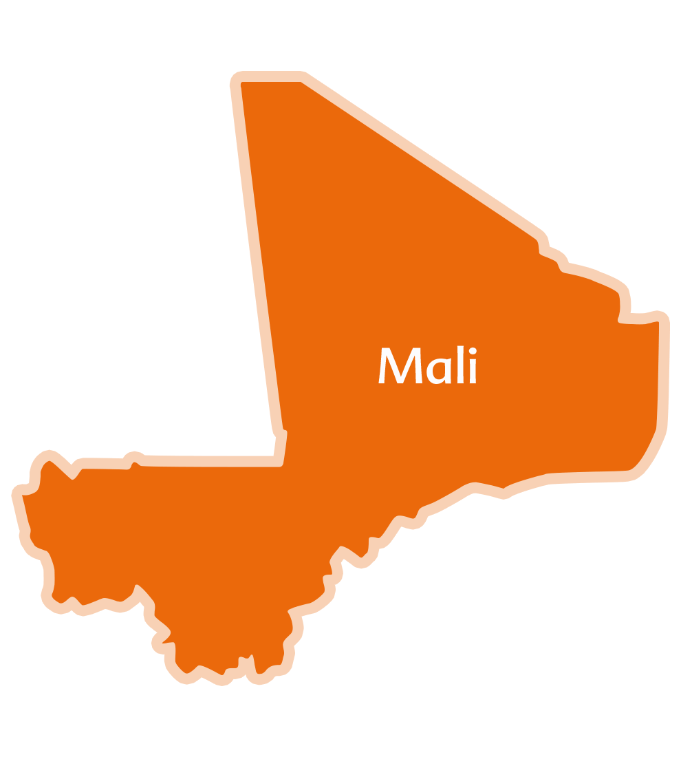 Carte en silhouette du Mali, pays d'Afrique de l'Ouest, avec le nom "Mali" écrit en blanc.
