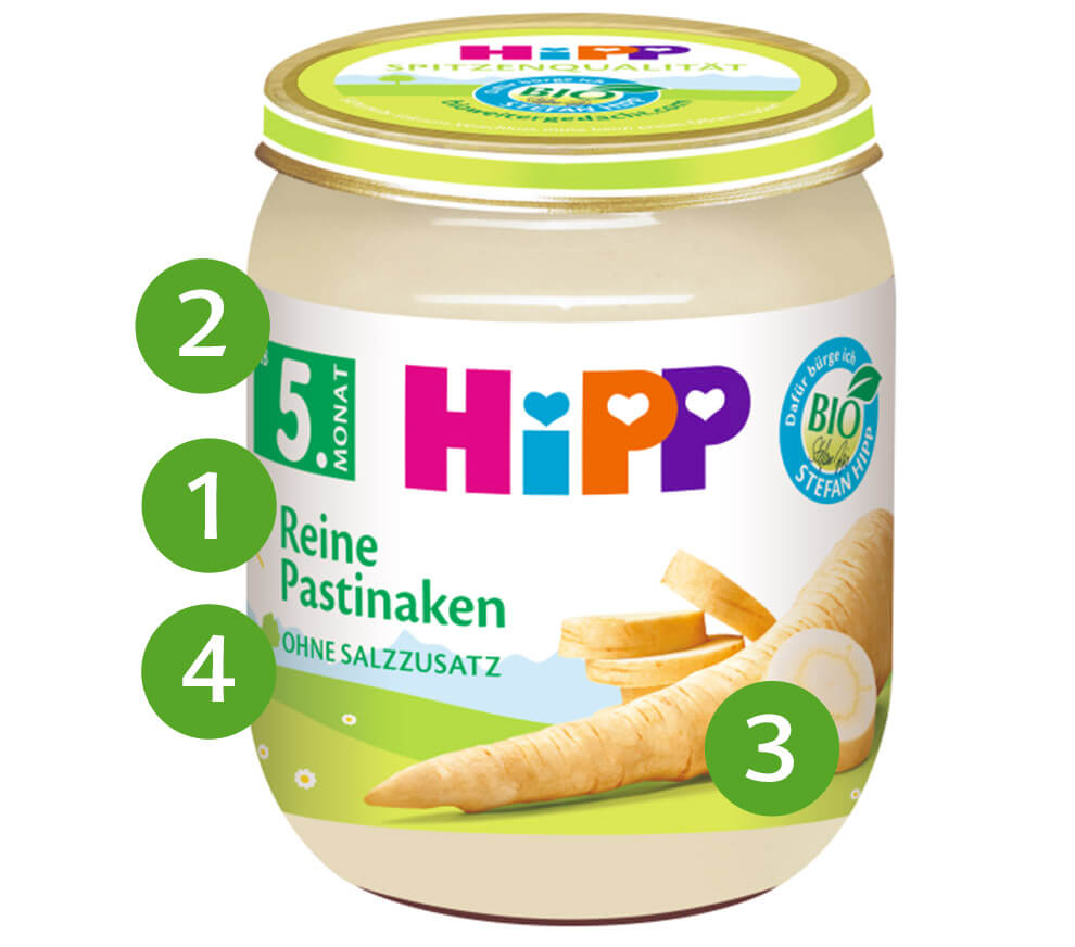 A transparent jar with a green lid contains a white substance, labeled with the word "Hipp" in colorful letters, and features an image of a parsnip.