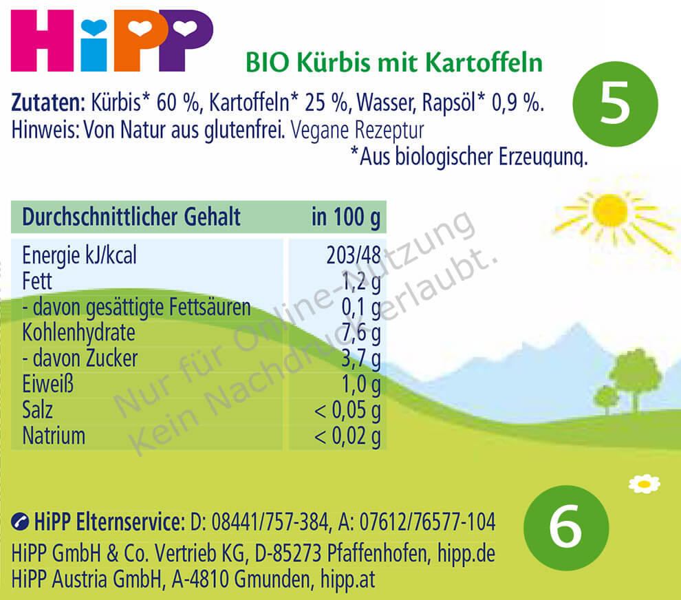 A product label for a food item with nutritional information, ingredients, and contact details.